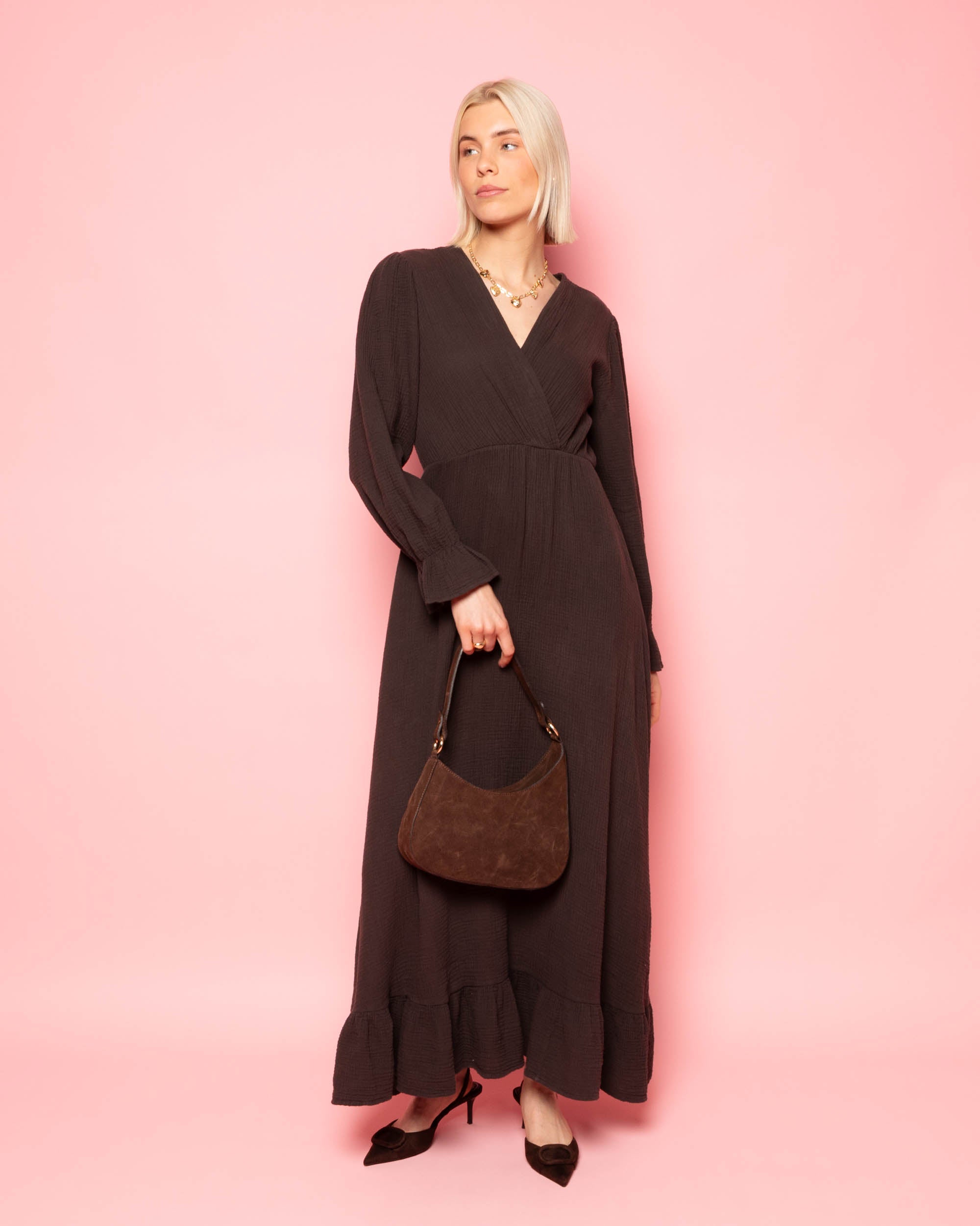 MOUSSELINE MAXI RUFFLE DRESS BROWN