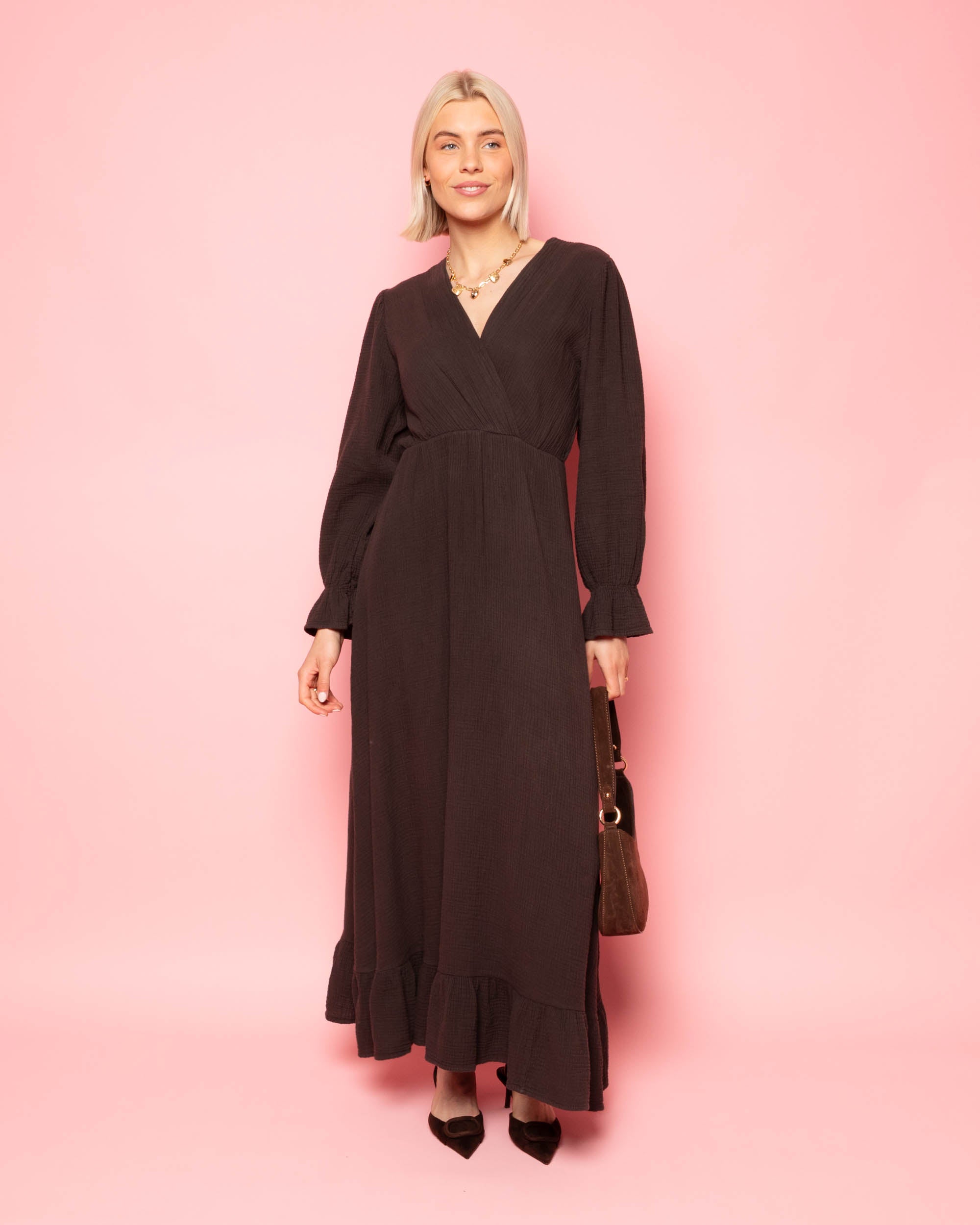 MOUSSELINE MAXI RUFFLE DRESS BROWN