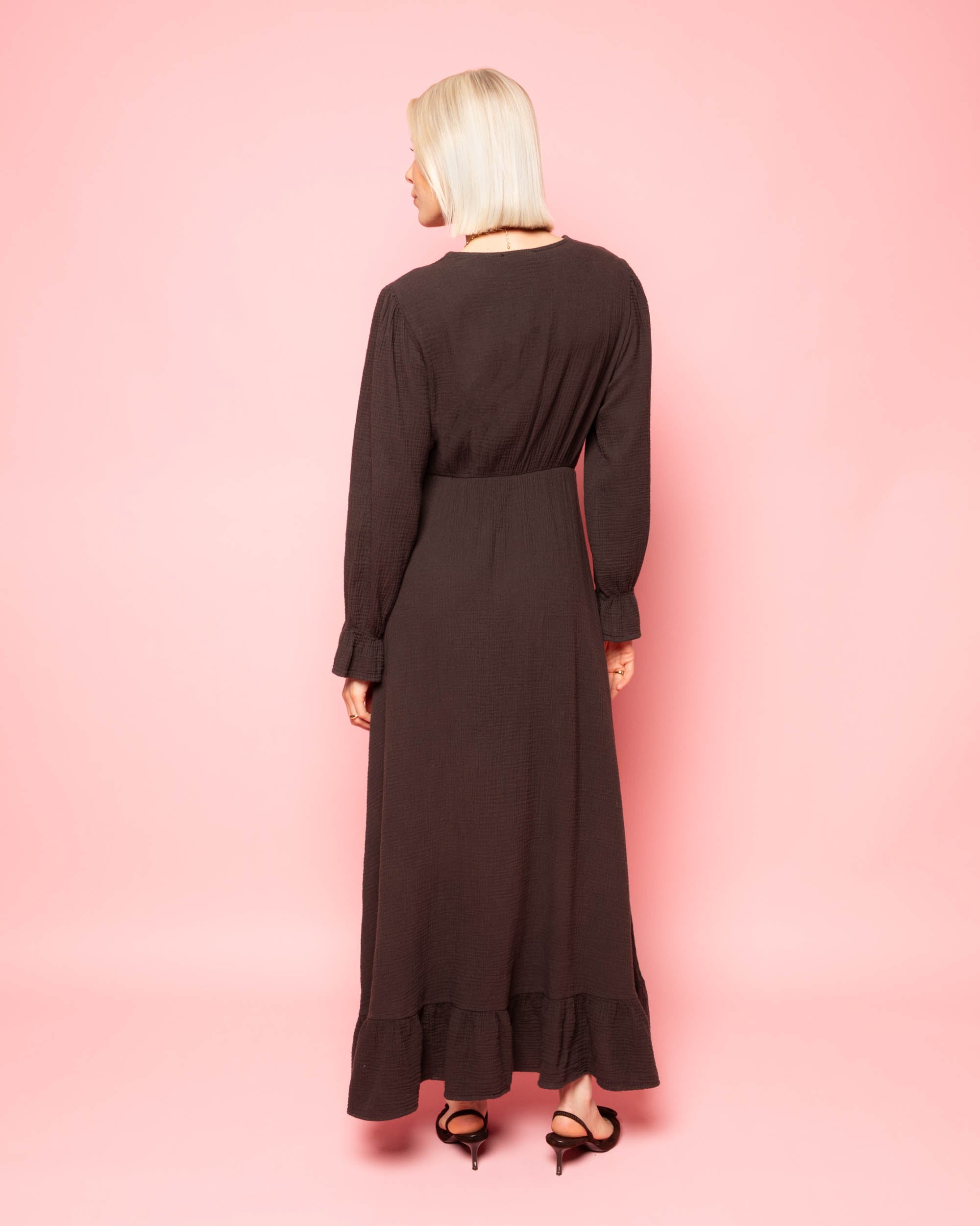 MOUSSELINE MAXI RUFFLE DRESS BROWN