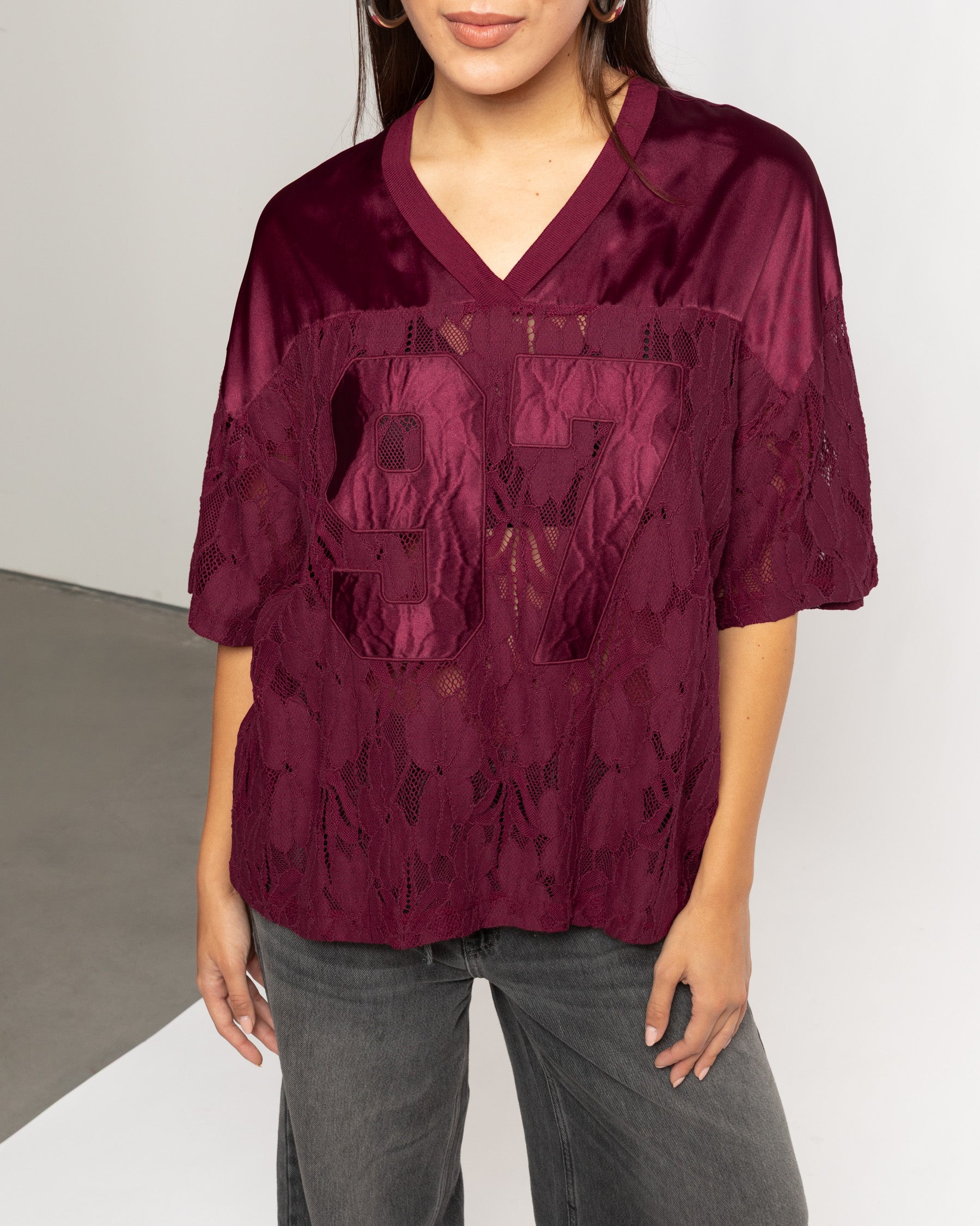 97 SATIN LACE OVERSIZED TEE DARK BURGUNDY