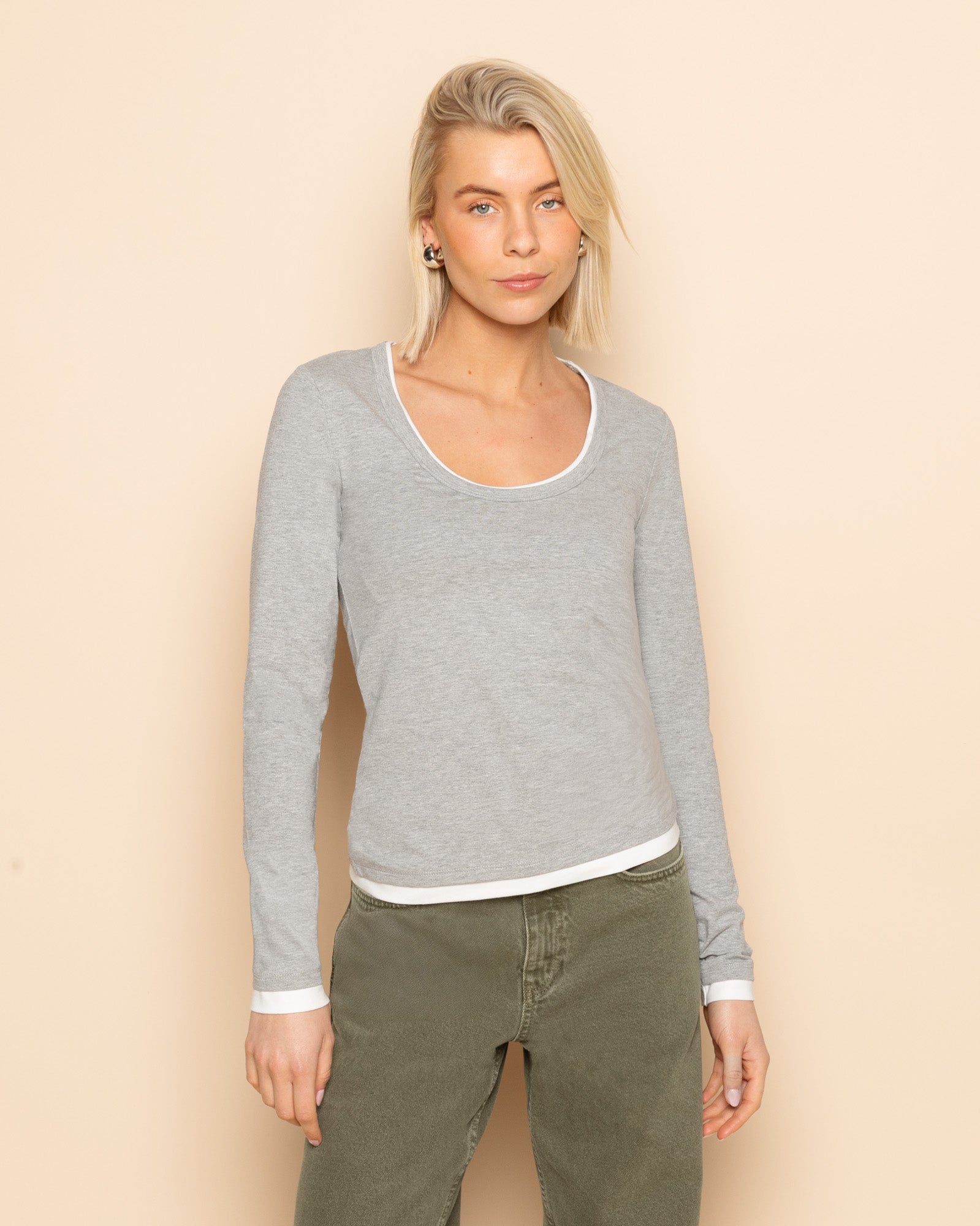 CONTRAST BINDING LONG SLEEVE TOP GREY MELANGE