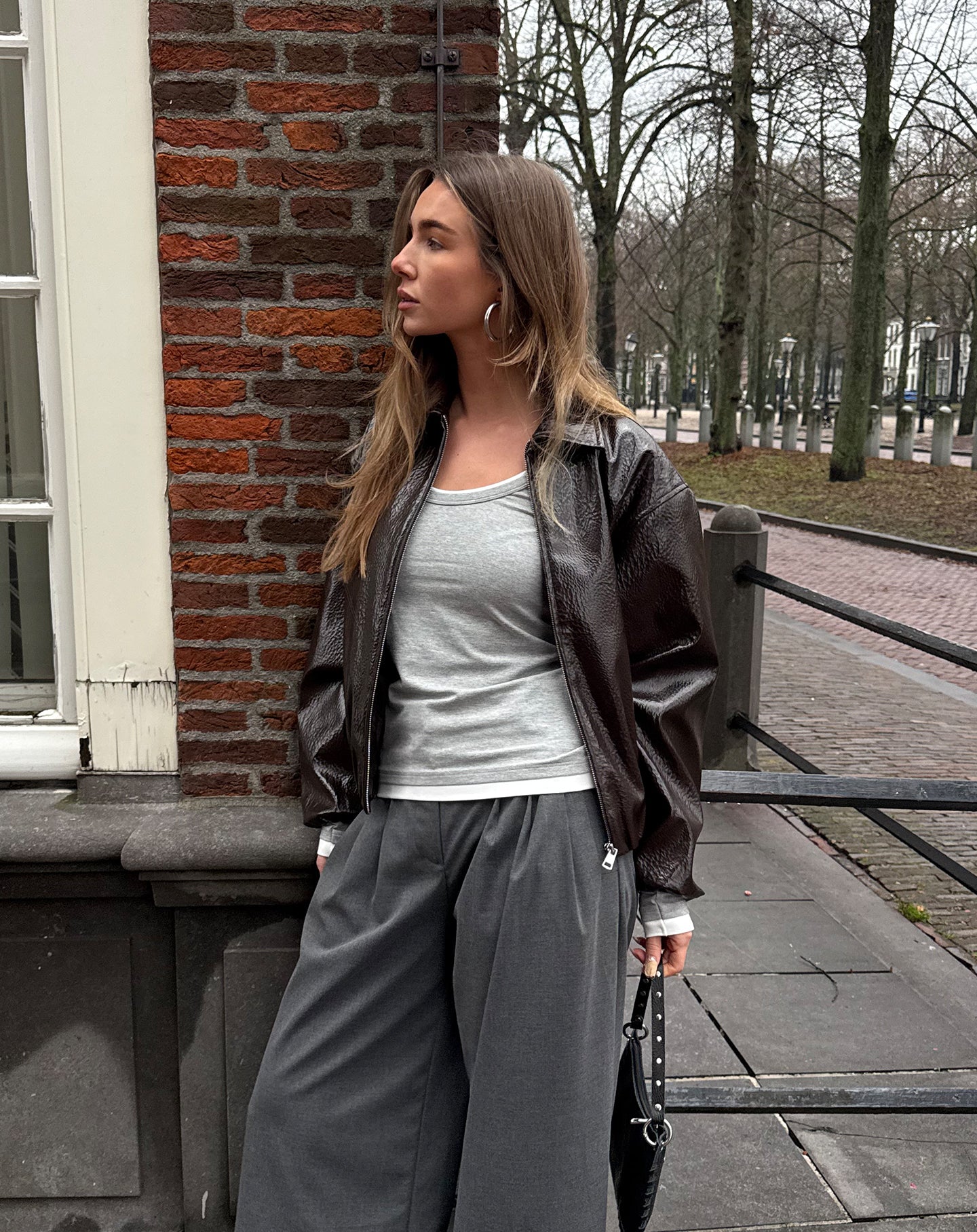 CONTRAST BINDING LONG SLEEVE TOP GREY MELANGE