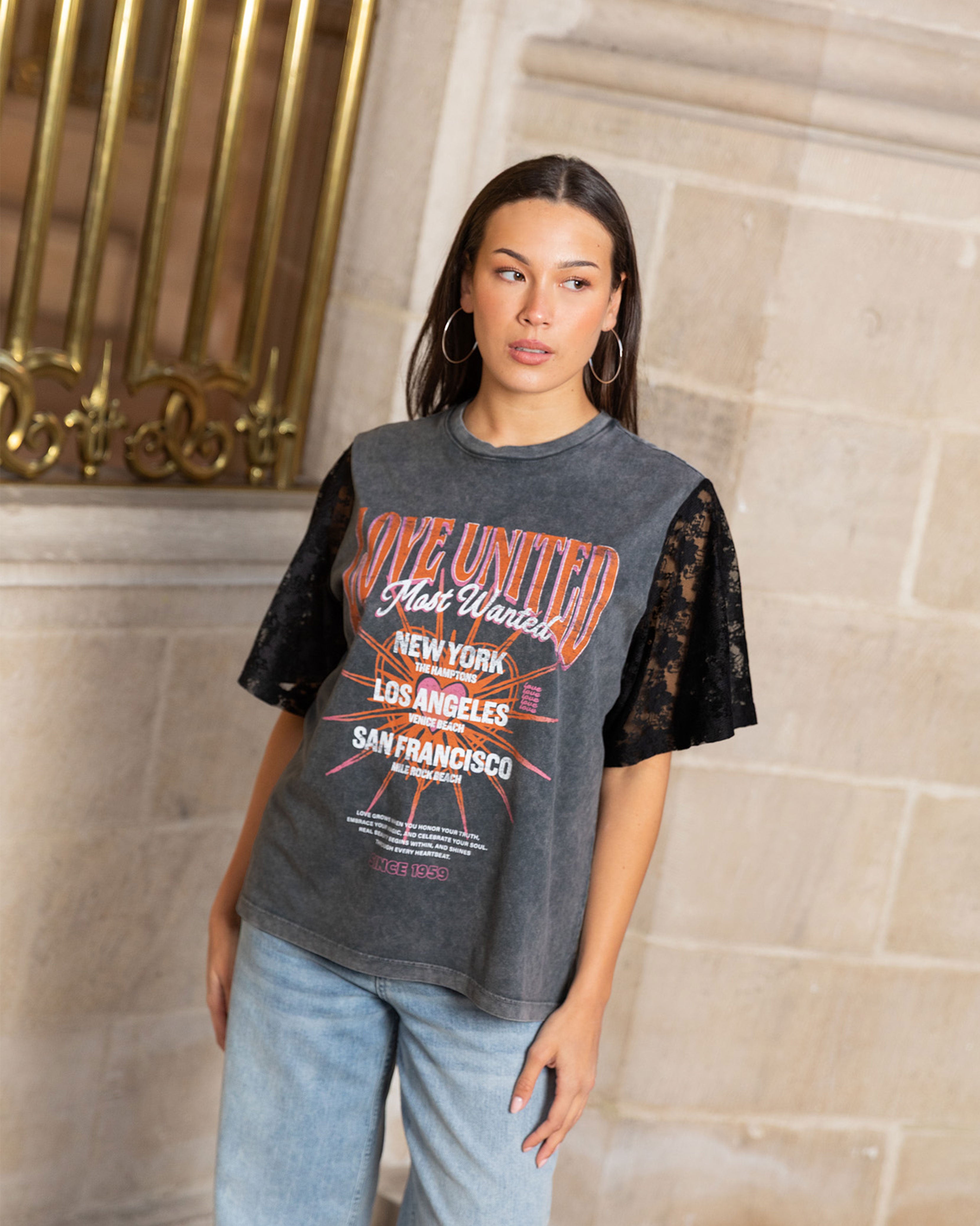 LOVE UNITED LACE SLEEVE TEE ACID GRIJS