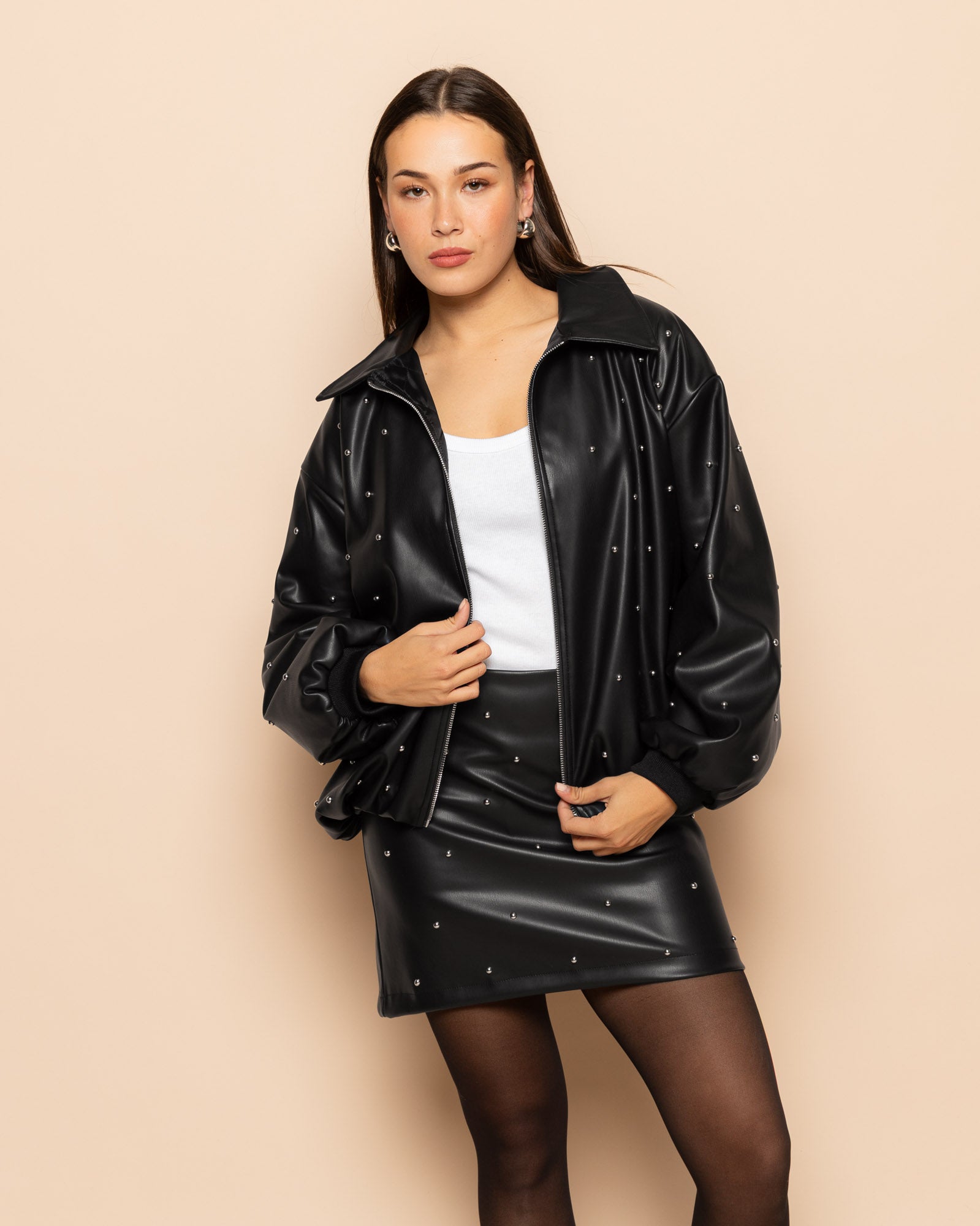FAUX LEATHER STUDDED SKIRT BLACK
