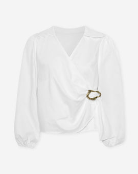 POPLIN WRAP BUCKLE BLOUSE WHITE