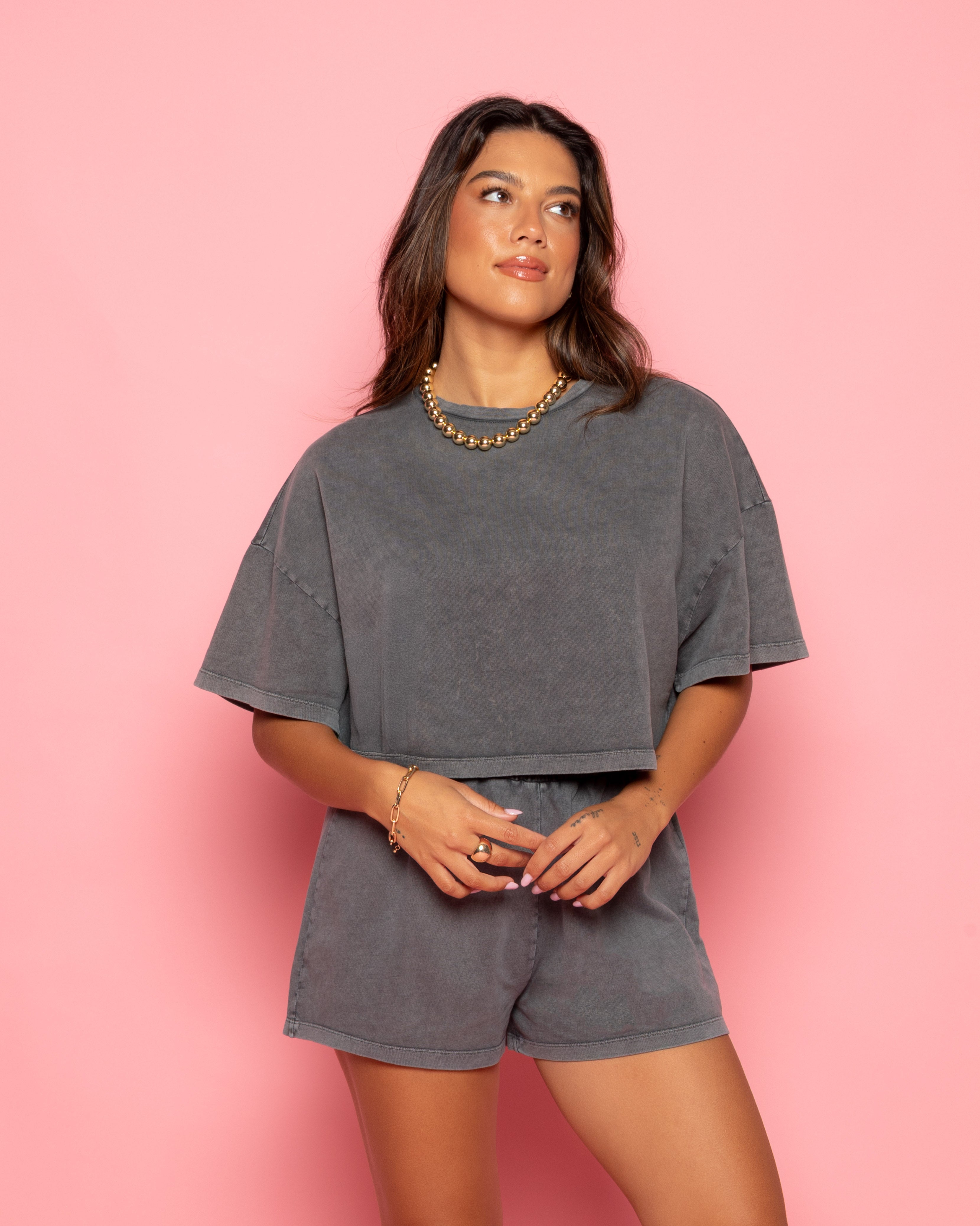 ACID CROPPED SWEAT TEE GRIJS