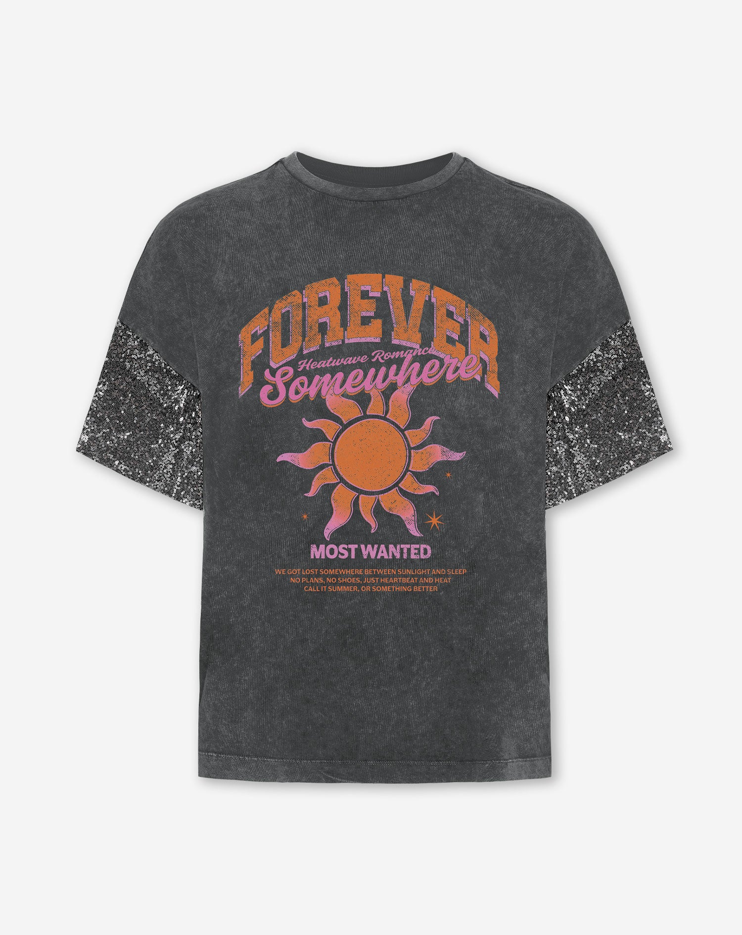 SOMEWHERE SEQUIN SLEEVE TEE ACID GRIJS