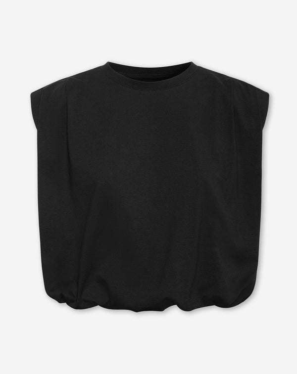 PADDED SHOULDER BUBBLE HEM TEE ZWART